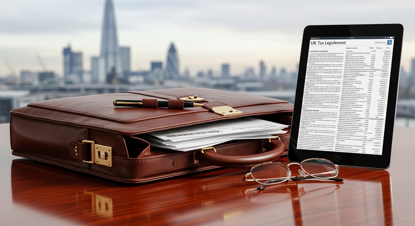 A high-end leather briefcase and a pair of designer glasses resting on a mahogany table next to a digital tablet displaying UK tax legislation, blurred London cityscape in the background, photorealistic, professional photography.