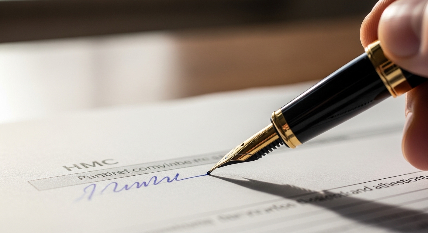 Close-up of a fountain pen signing a financial document with a 'HMRC' letterhead visible, soft natural light, shallow depth of field, photorealistic, 4k.