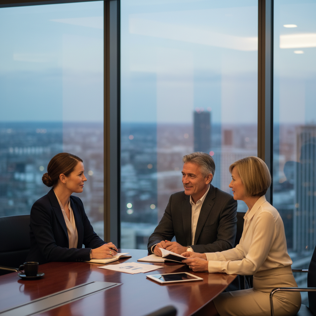 A professional financial advisor sitting across from a middle-aged British couple in a modern glass-walled office with a blurred cityscape background, realistic lighting, 8k resolution, professional business attire.