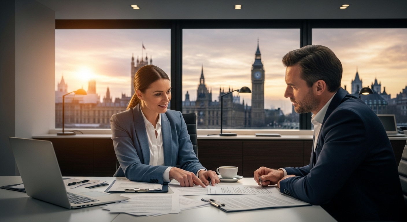 A professional legal consultation in a modern London office, a UK immigration lawyer reviewing documents with a client, Big Ben visible through a large window, high-quality, photorealistic, cinematic lighting.