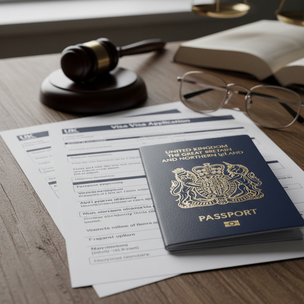 Detailed close-up of a British passport and official UK visa application forms on a wooden desk, legal gavel and glasses in the background, sharp focus, professional photography style.