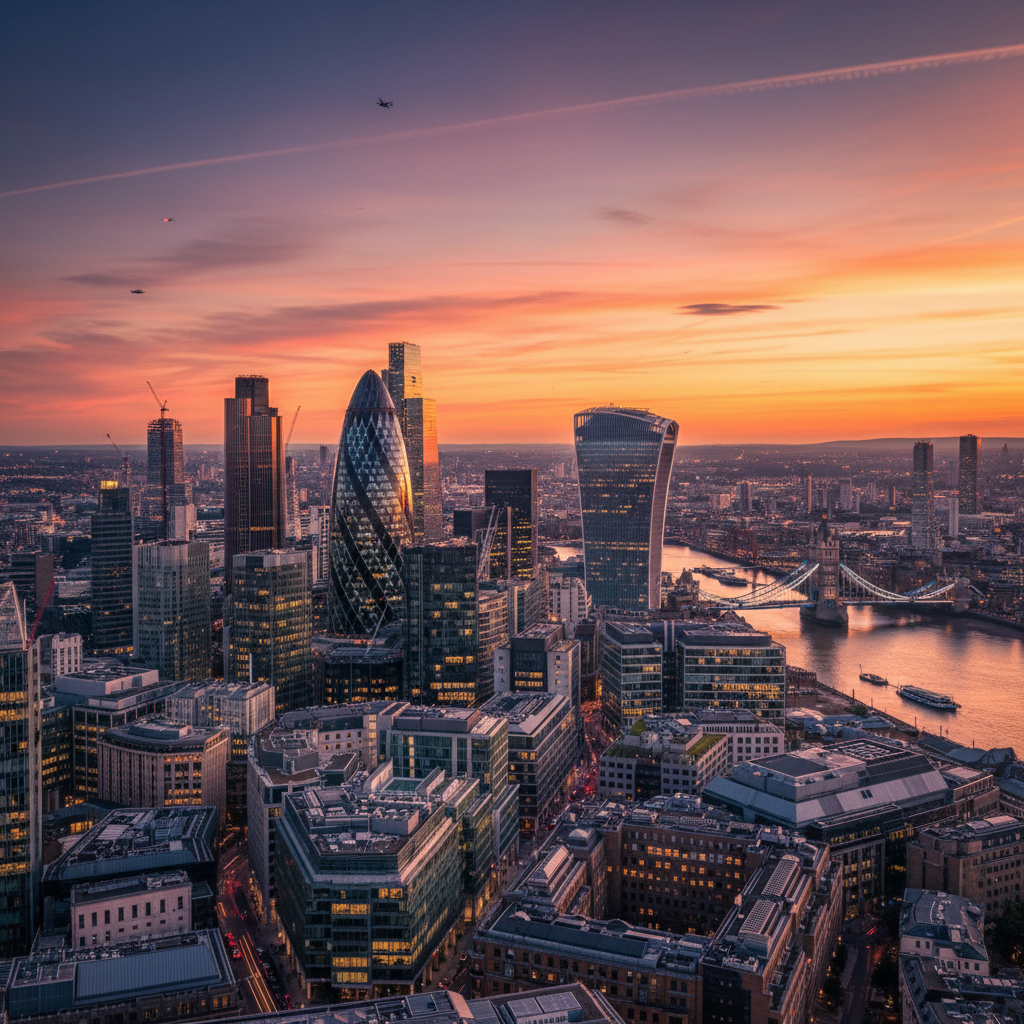 A professional, high-detail architectural shot of the London financial district skyline including the Gherkin and the Walkie Talkie buildings at sunset, captured with a wide-angle lens, photorealistic style.