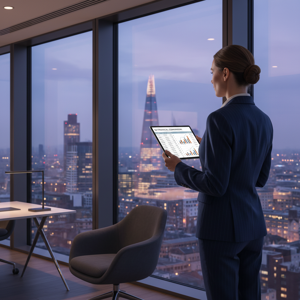 A professional accountant in a high-rise London office, looking through large windows at the city skyline, holding a tablet with financial data comparing US dollars and British pounds, photorealistic, 8k, cinematic lighting.