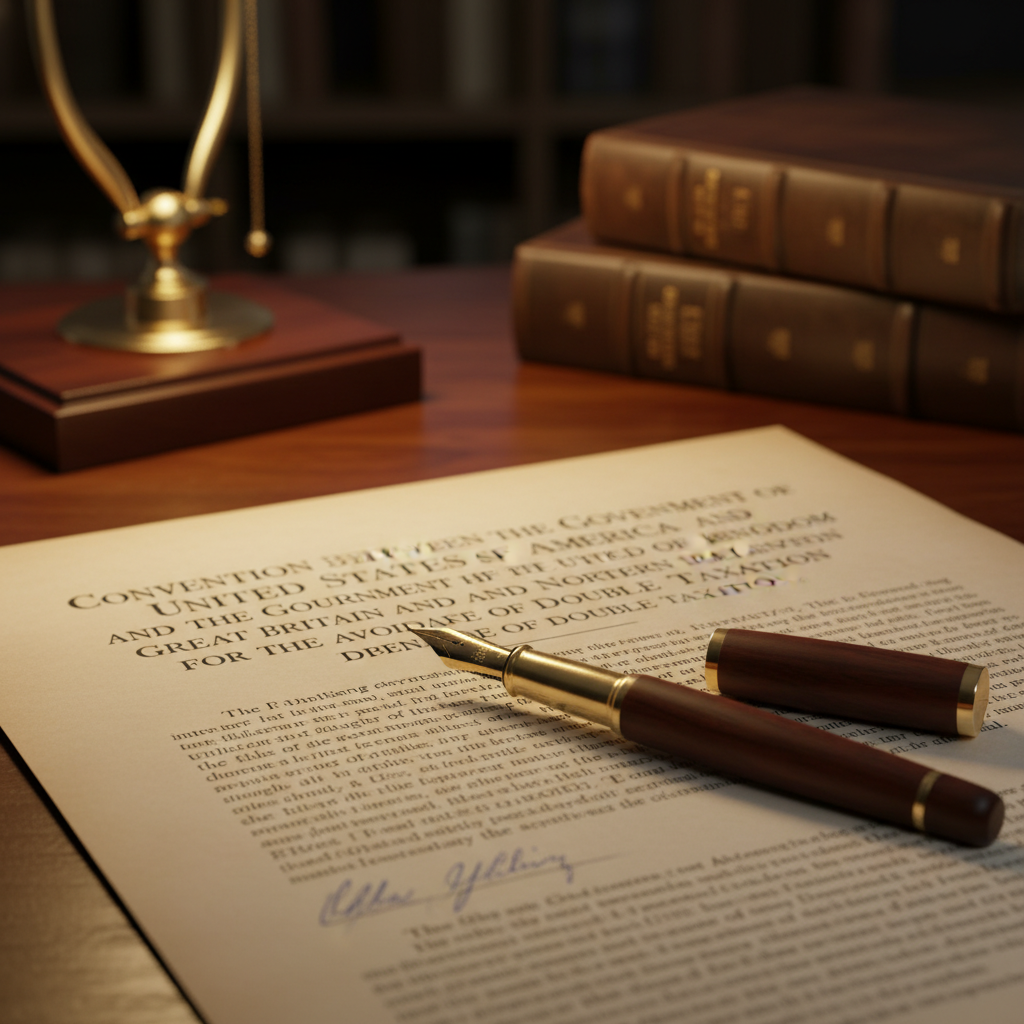 A close-up shot of a legal document titled 'Convention between the Government of the United States of America and the Government of the United Kingdom of Great Britain and Northern Ireland for the Avoidance of Double Taxation', with a fountain pen resting on the page, photorealistic, shallow depth of field, warm office lighting.