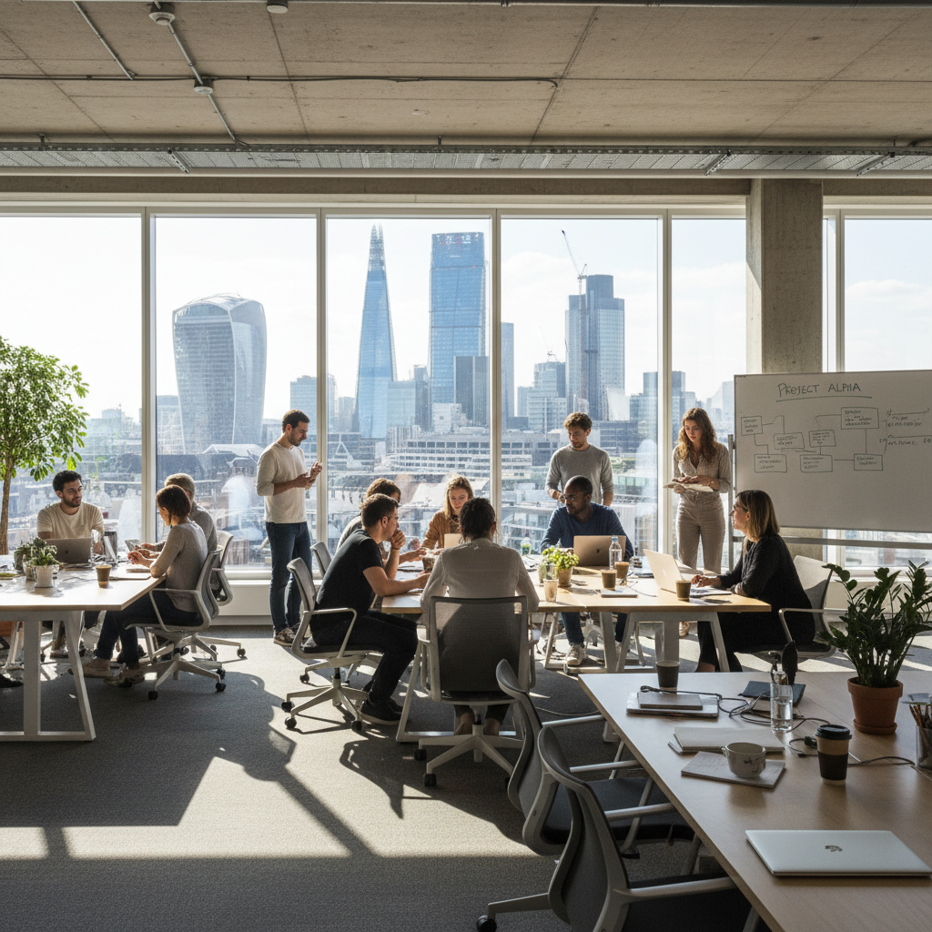 A professional, photorealistic wide shot of a diverse group of entrepreneurs working in a modern, sunlit co-working space in London with a view of the City's financial district through large windows.