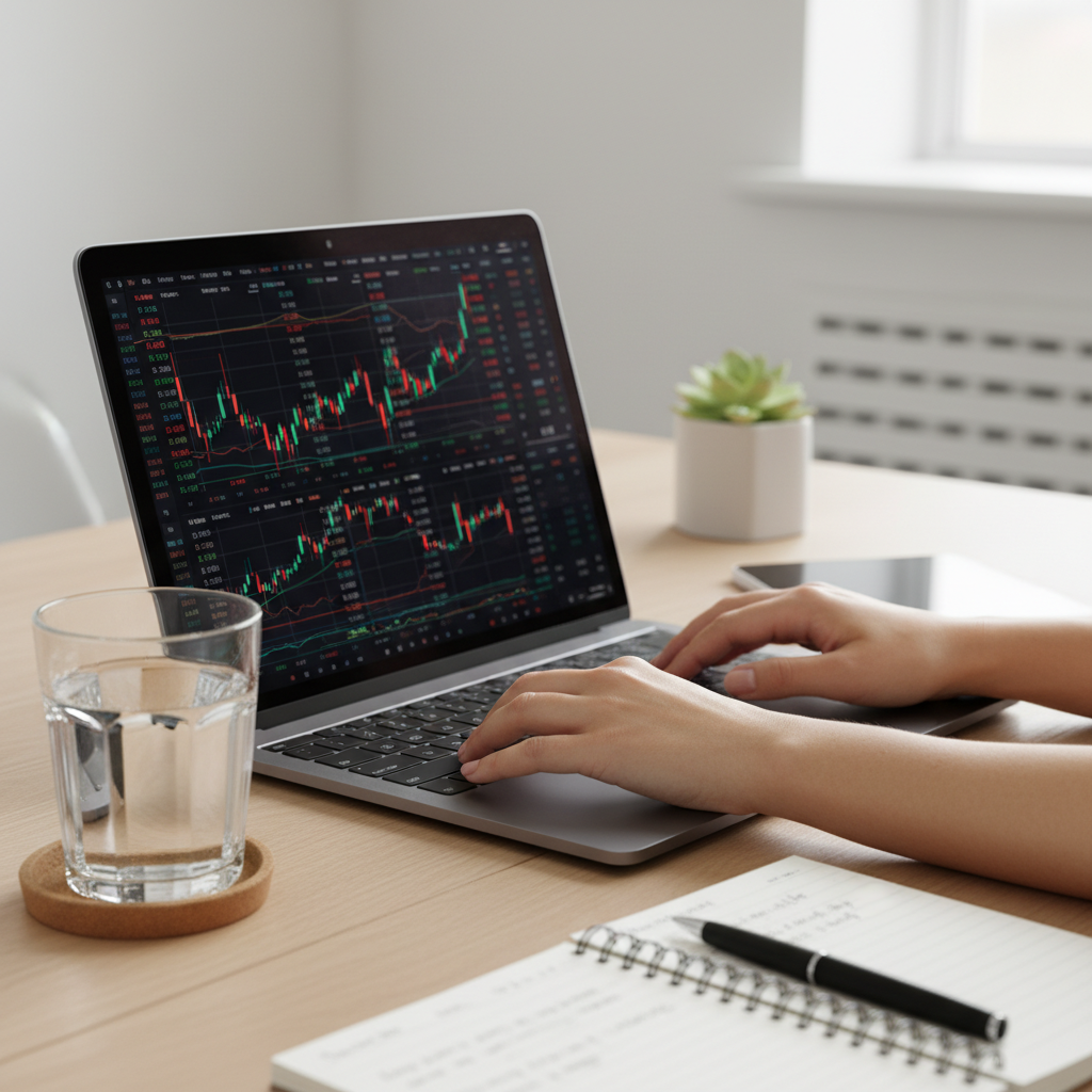 A high-resolution, photorealistic close-up of a person’s hands typing on a sleek laptop with financial data visualizations on the screen, next to a glass of water and a notepad in a professional, minimalist office setting.