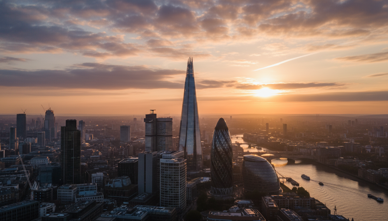 A wide-angle cinematic shot of the London skyline at dawn, focusing on the Shard and the Gherkin, symbolizing a new beginning for international business.