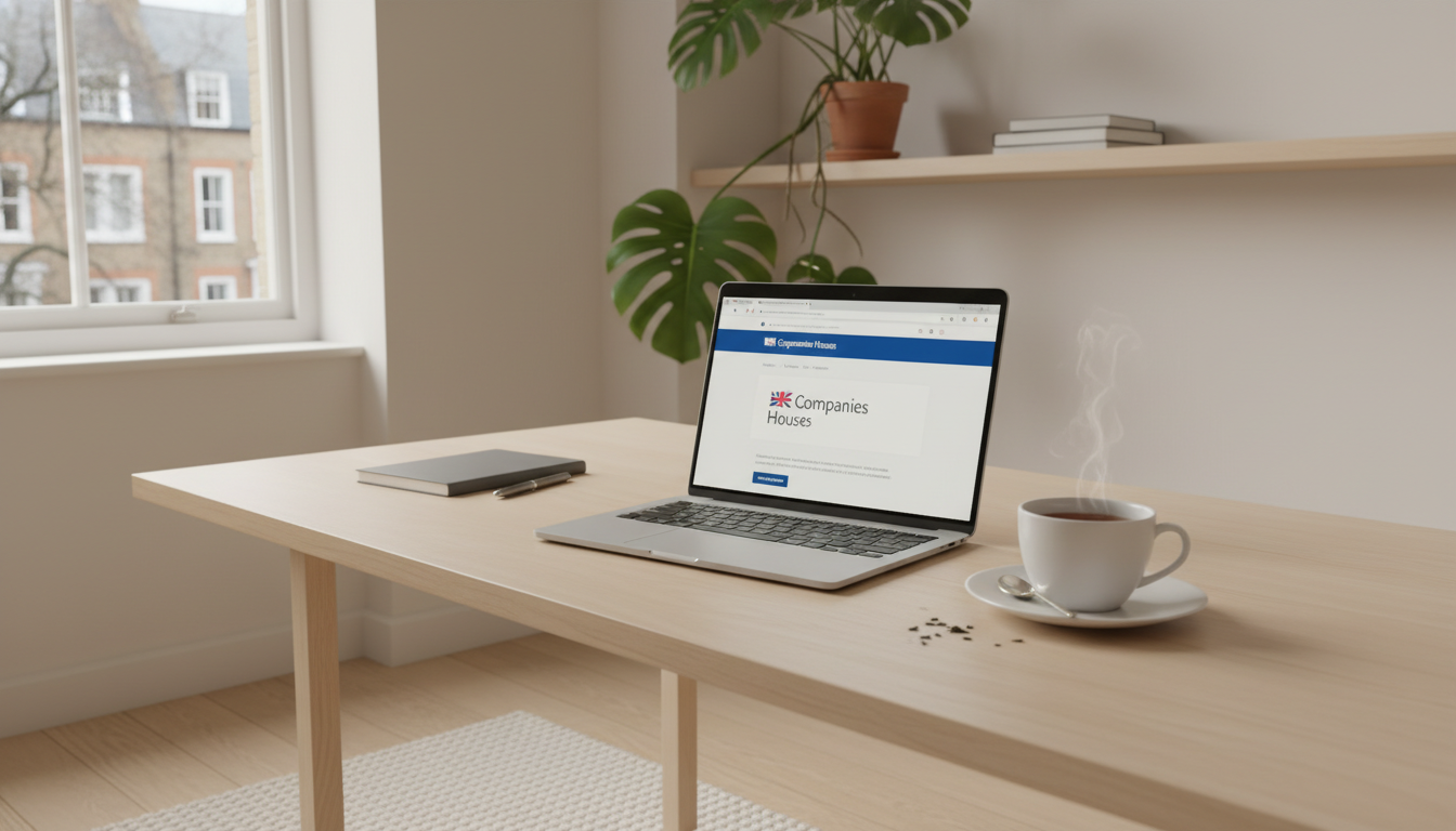 A modern, minimalist home office setup in a London flat, with a laptop showing the UK Government 'Companies House' registration page, a cup of Earl Grey tea nearby, soft natural light.