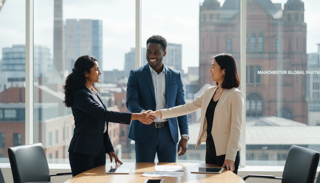 A diverse group of three young professionals of different ethnicities shaking hands in a bright, glass-walled meeting room in Manchester, representing successful international collaboration.