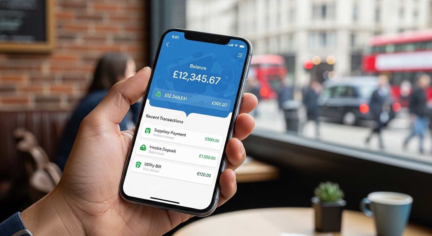 A sleek, modern smartphone displaying a vibrant business banking app interface with British pound icons, held by a diverse professional in a bustling London cafe setting, blurry city street in background, photorealistic, 8k
