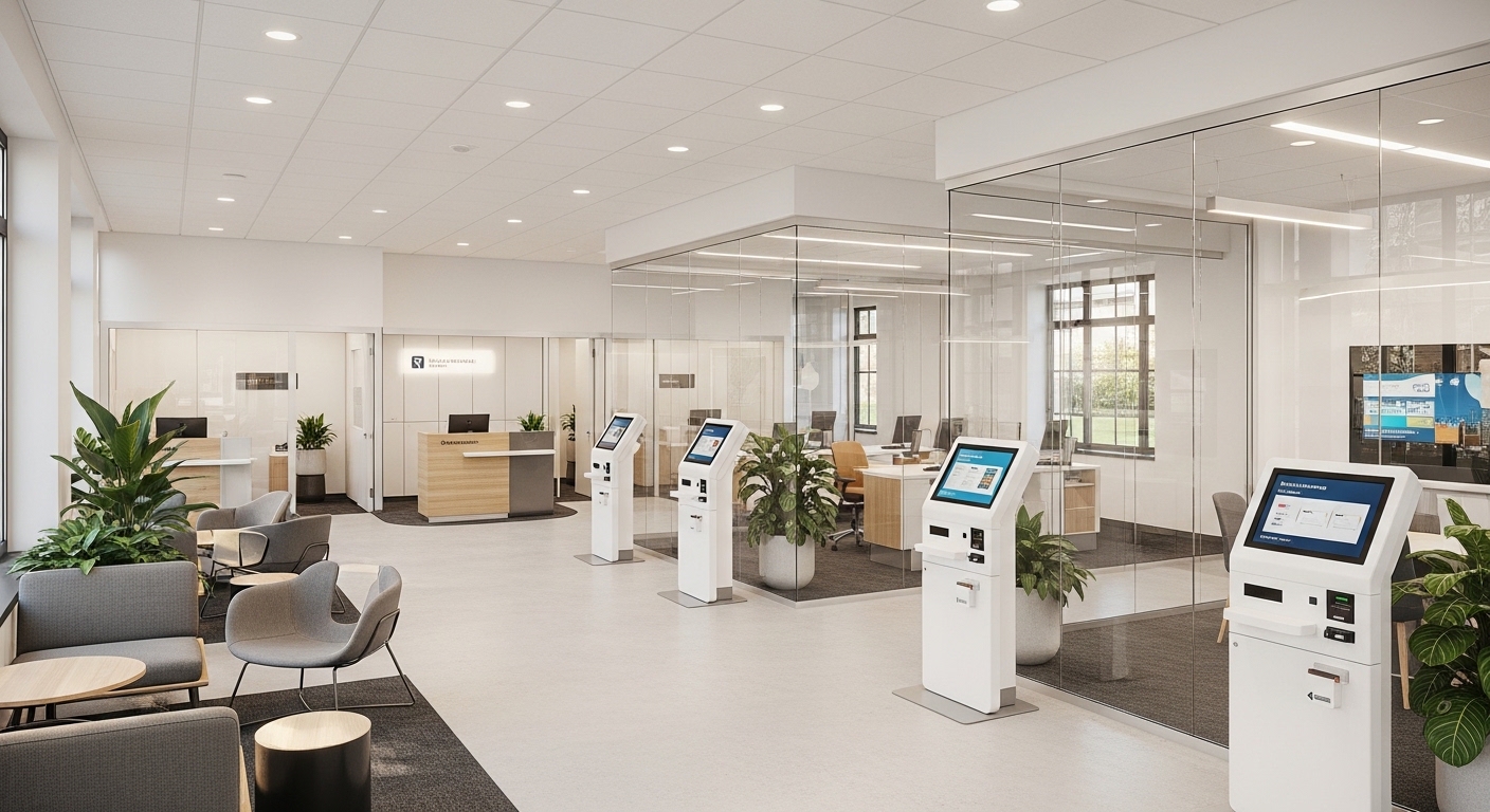 A wide-angle interior shot of a contemporary UK bank branch with minimalist design, glass partitions, and digital kiosks, friendly atmosphere, soft natural lighting, high-end architectural photography