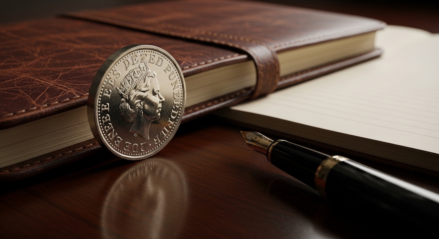 A close-up of a silver British Pound coin resting on a dark wooden desk next to a luxury fountain pen and a leather-bound notebook, symbolizing traditional British finance and stability, cinematic lighting