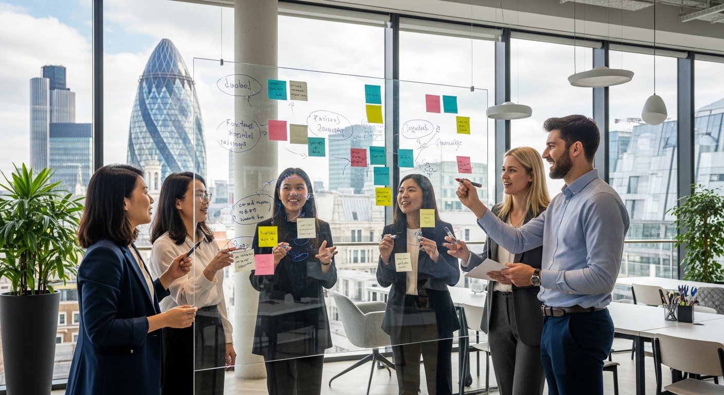A diverse group of young entrepreneurs in a modern, glass-walled co-working space in London, brainstorming with sticky notes on a glass board, with the Gherkin building visible in the background.