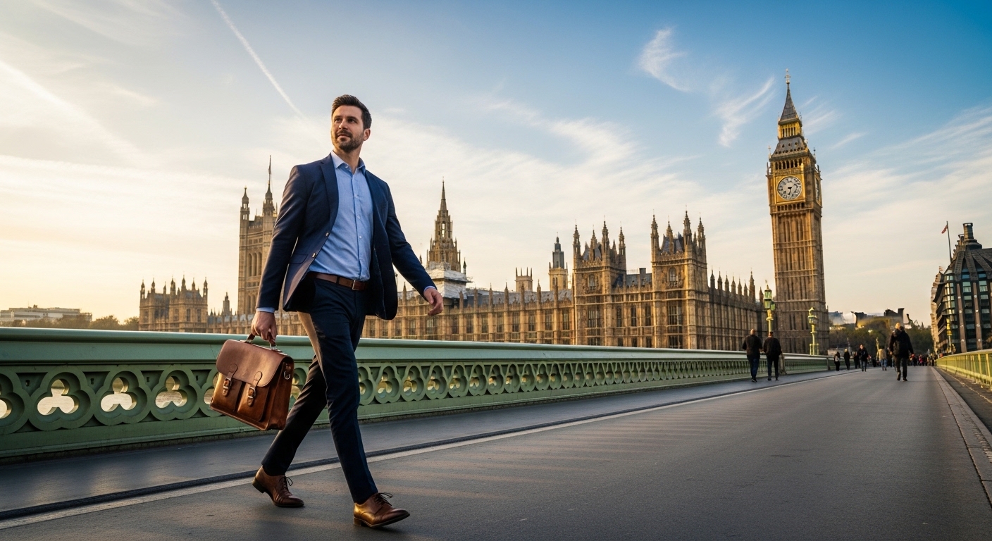 A professional person in business casual attire holding a leather briefcase, walking across Westminster Bridge with the Houses of Parliament and Big Ben in the clear morning light.