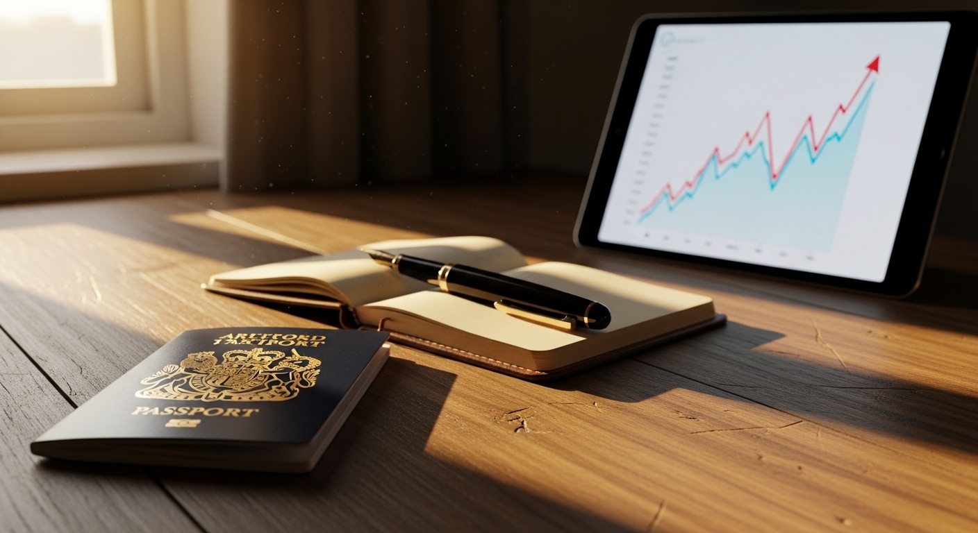 A close-up of a wooden desk with a British passport, a fountain pen, and a tablet showing a graph of economic growth, with soft afternoon sunlight streaming through a window.