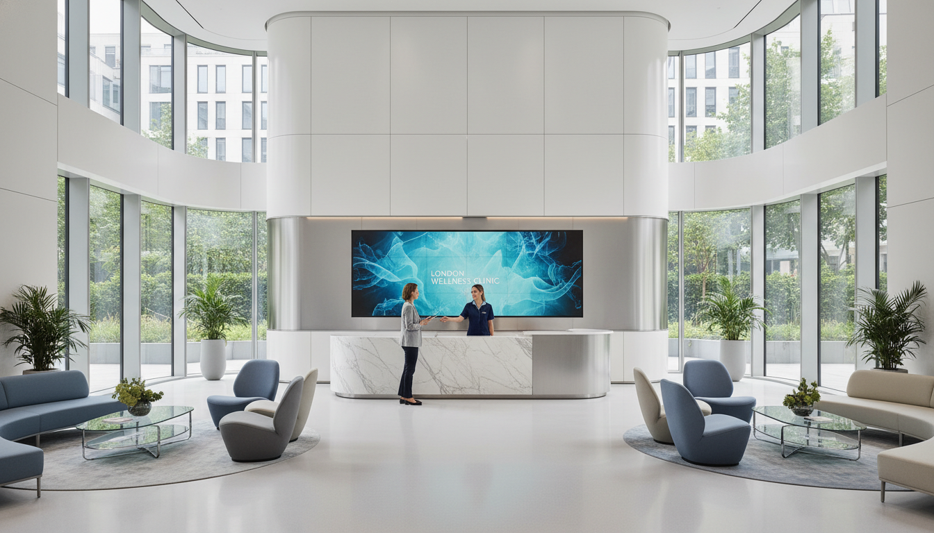 A high-tech modern private hospital lobby in London with sleek architecture and a professional receptionist greeting a patient, soft natural lighting, 8k resolution.