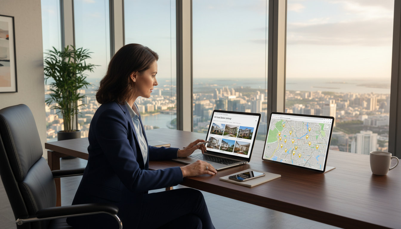 A professional expat sitting in a modern high-rise office in a global city like Singapore or Dubai, looking at a laptop displaying UK real estate listings and a digital map of London with golden pin markers.