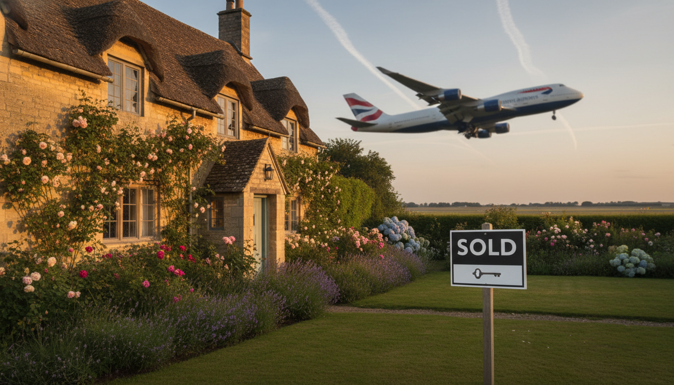 A traditional English cottage with a 'Sold' sign in the foreground, soft evening light, with a blurred background showing an airplane taking off, representing the dream of UK property ownership from abroad.
