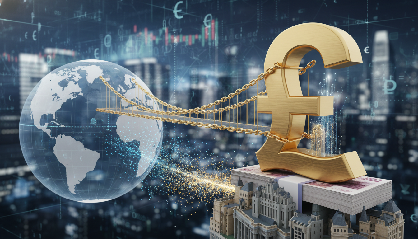 A conceptual 3D illustration of a bridge connecting a physical globe to a large British pound sterling symbol, symbolizing international financial transactions and the flow of capital into the UK property market.
