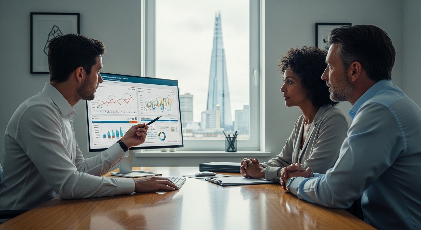 A professional tax consultant in a modern London office explaining complex financial charts to a diverse expatriate couple, with a view of the Shard through the window, photorealistic, cinematic lighting