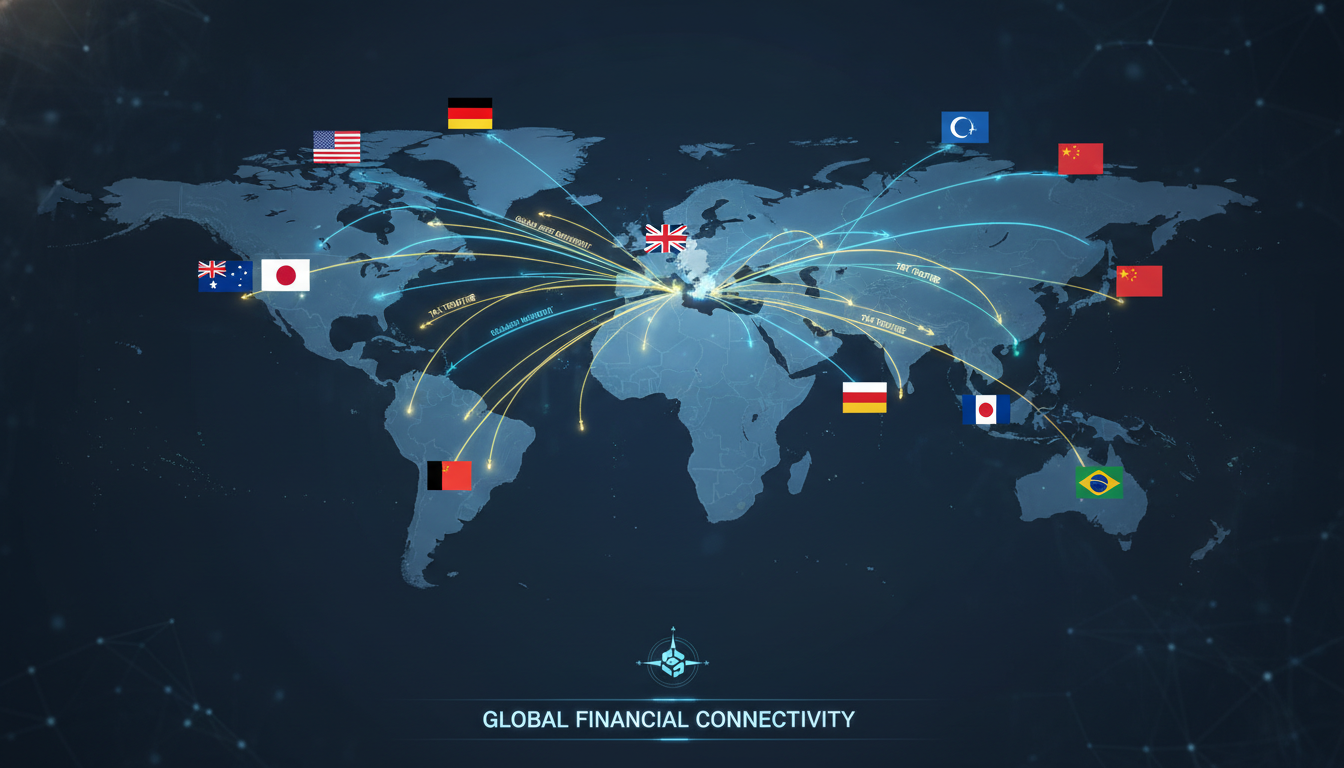 A digital conceptual illustration showing a world map with glowing lines connecting the UK to various international flags, representing global asset movement and tax treaties, sleek and professional design