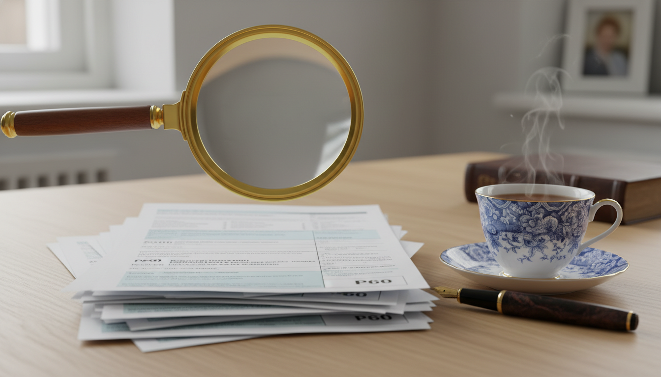 A magnifying glass hovering over a stack of UK tax forms like the P60 and SA100, placed on a clean oak desk next to a classic British tea cup and a fountain pen, high resolution, sharp focus