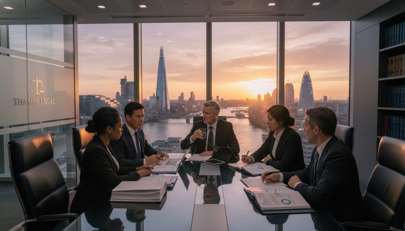 A professional legal office in London overlooking the Thames at sunset, featuring a diverse group of lawyers and clients discussing complex documents around a modern glass table.