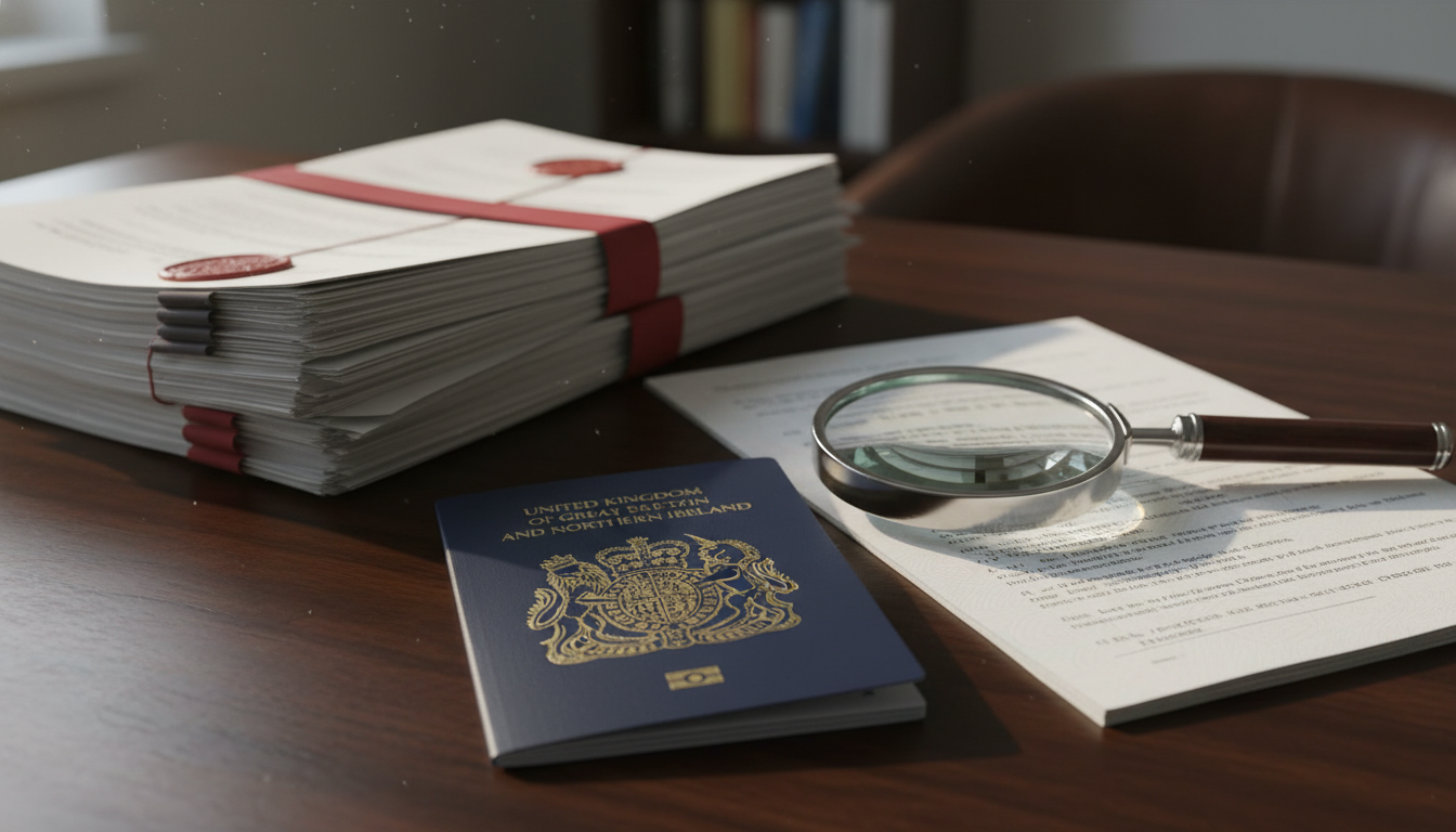 A close-up of a British passport, a magnifying glass, and a stack of legal documents on a dark wooden desk, with soft sunlight streaming through a window.