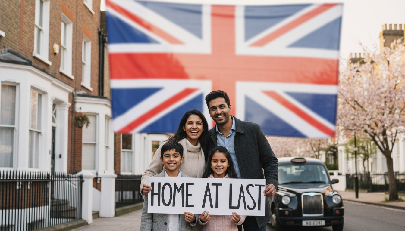 A joyful expat family standing in front of a classic London red brick house, holding a 'Home at Last' sign, with a blurred British flag in the background.