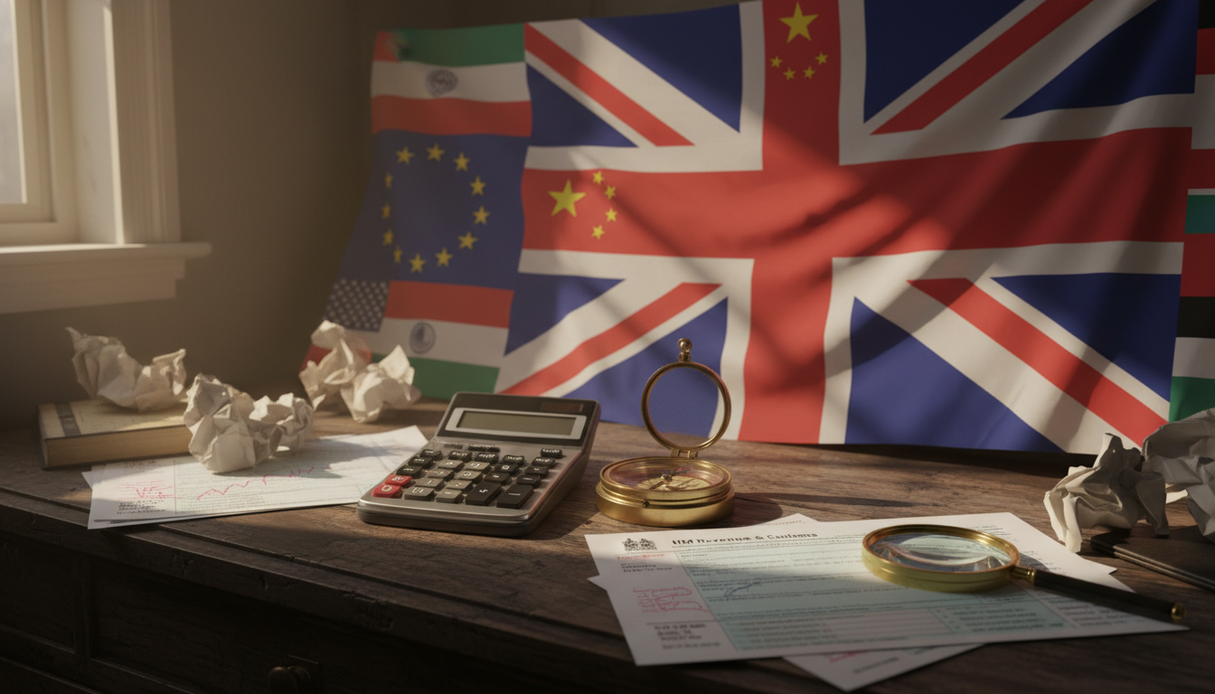 A conceptual image of a British Union Jack flag blending with various international flags, with a calculator and a vintage compass resting on a wooden desk with tax forms.