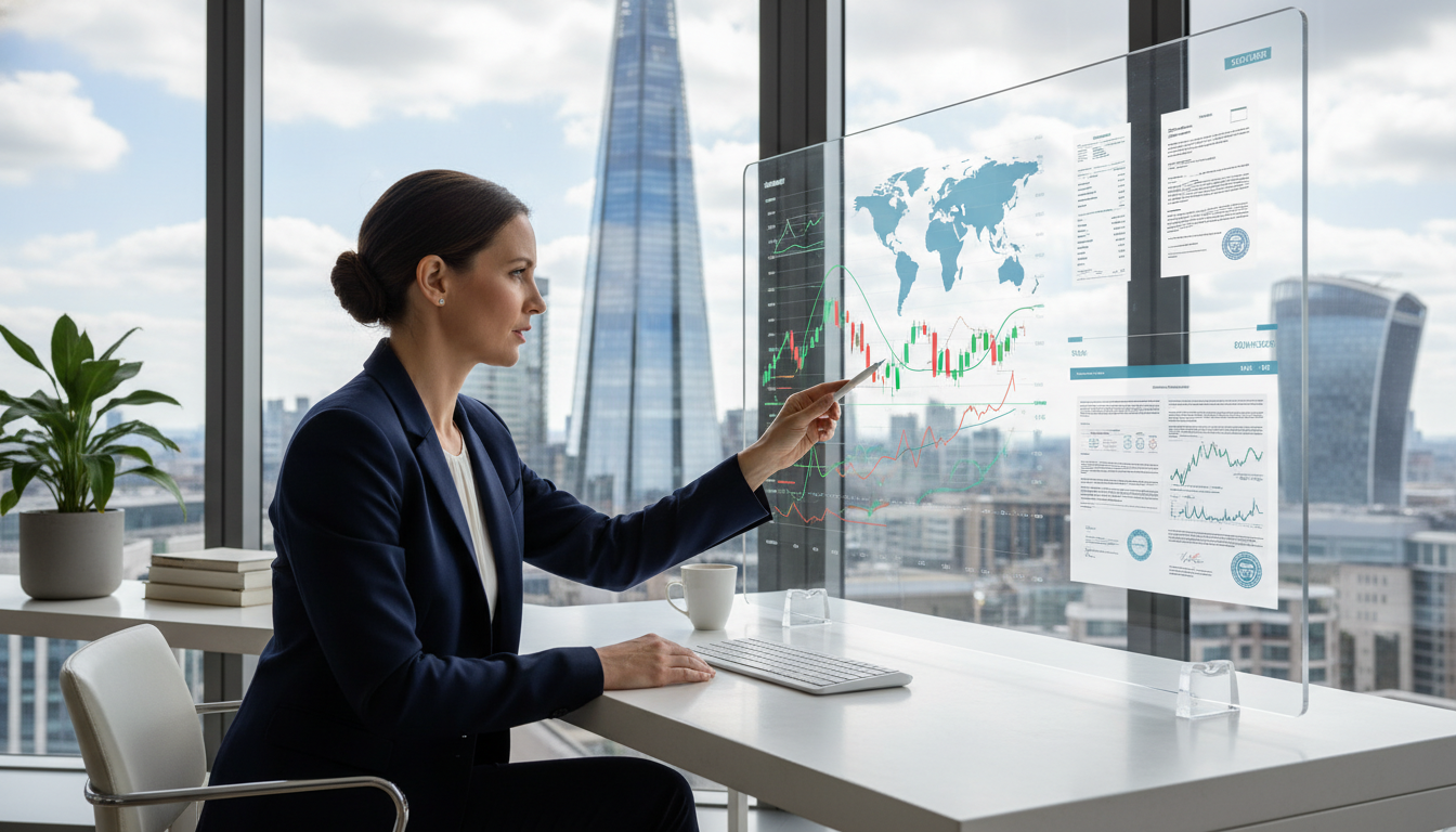 A professional accountant sitting at a clean desk in a modern London office, pointing at a digital screen showing global financial charts and tax documents, with the Shard visible through the window.