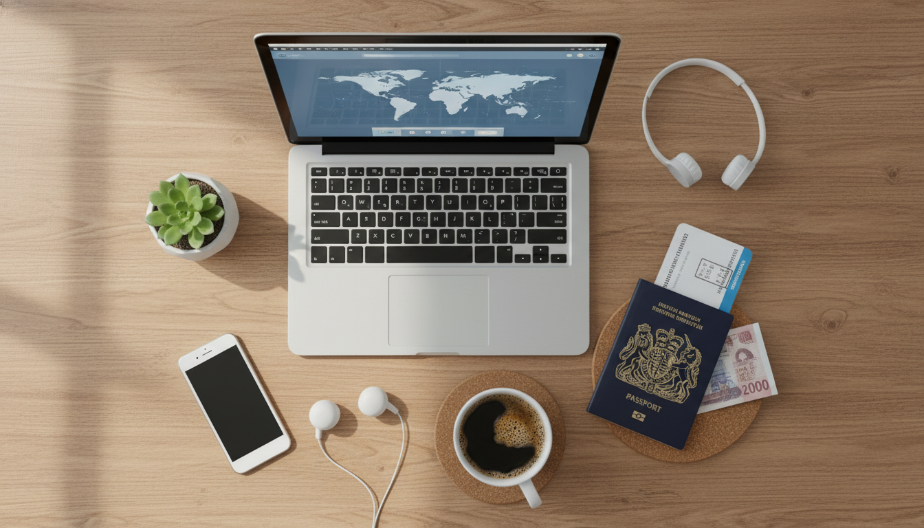 A creative overhead shot of a laptop, a passport, a British pound note, and a cup of coffee, representing the mobile lifestyle of a modern digital nomad worker.