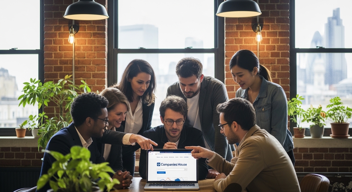 A diverse group of entrepreneurs in a modern London co-working space looking at a laptop showing the Companies House website, soft natural lighting, high resolution.