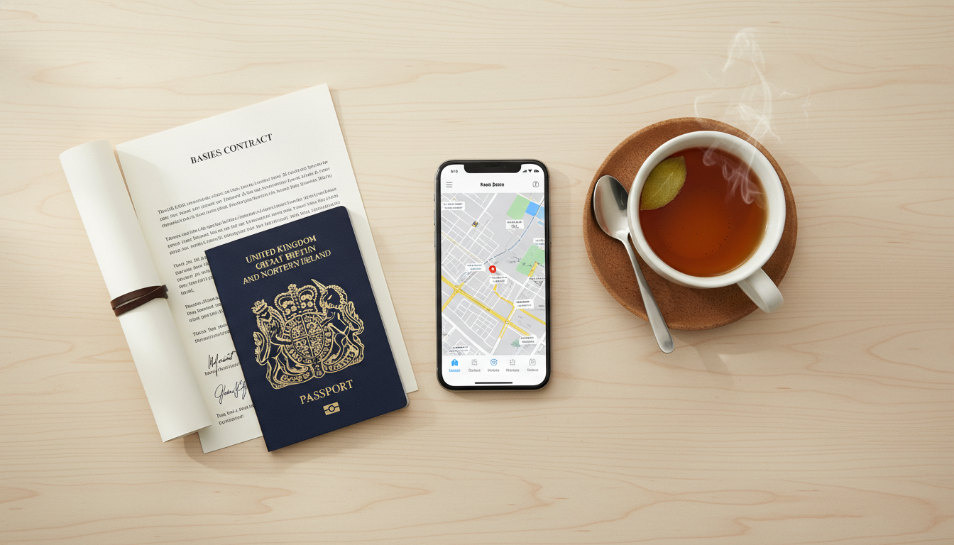 A flat lay of a British passport, a business contract, a sleek smartphone, and a cup of Earl Grey tea on a minimalist wooden desk, professional lifestyle photography.