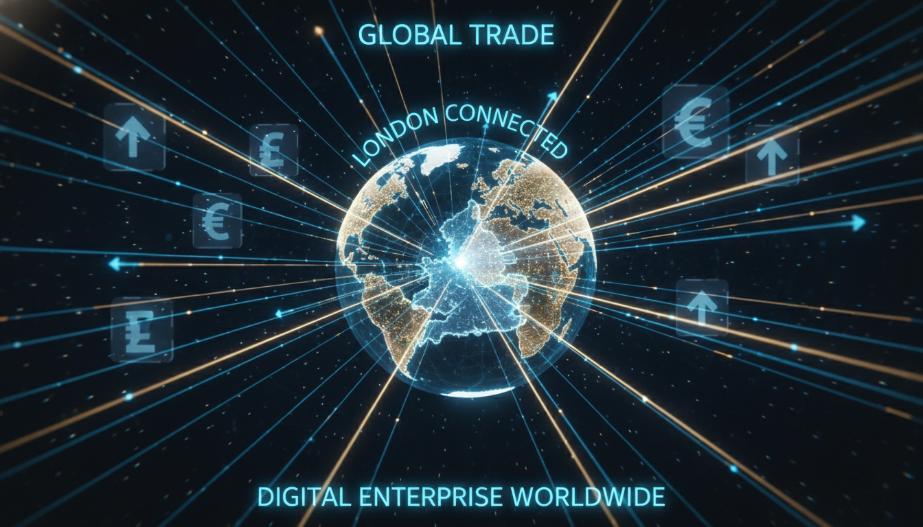 An abstract visualization of digital networks connecting London to the rest of the world, symbolizing global trade and digital company formation, neon blue and gold accents.