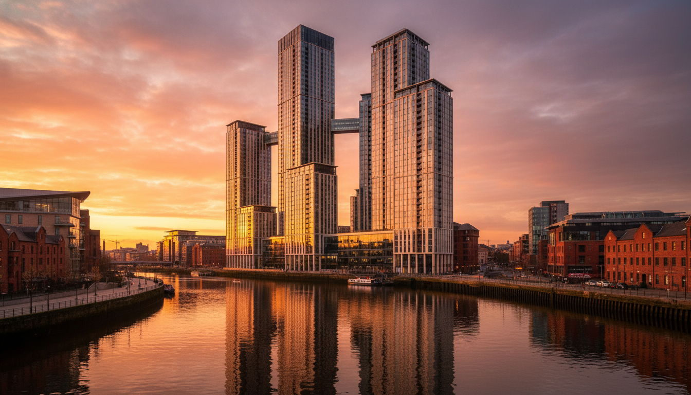 A modern high-rise apartment complex in Manchester during golden hour, reflecting on the river, symbolizing UK real estate growth, hyper-realistic, architectural photography.
