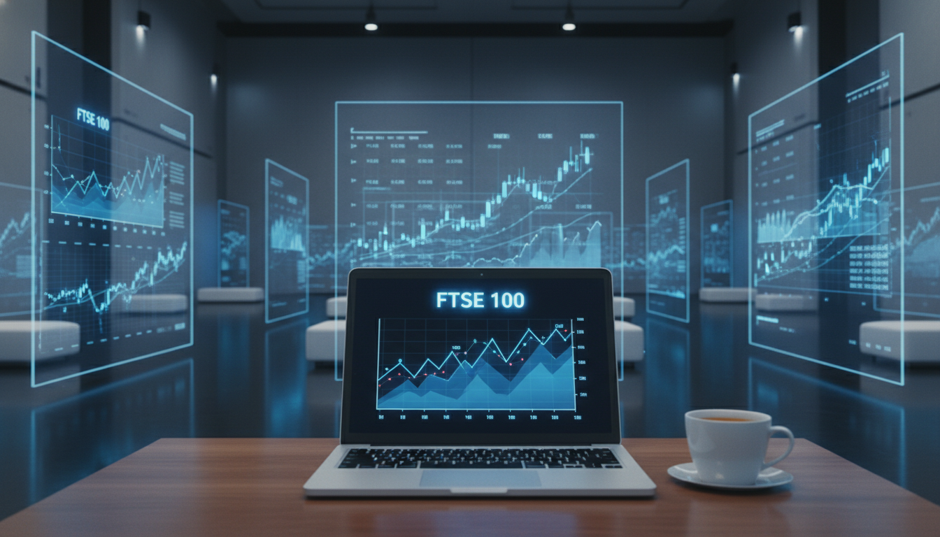 A digital trading floor concept with glowing blue graphs of the FTSE 100, a laptop on a wooden desk with a cup of tea, representing modern British stock trading, minimalist professional aesthetic.