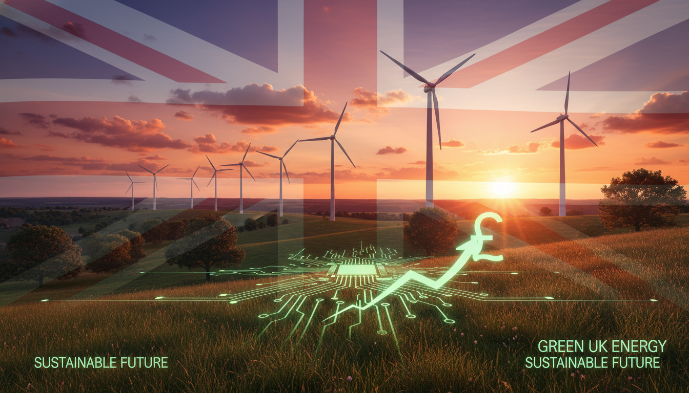 Wind turbines on a lush green British hillside with a sunset background, symbolizing sustainable investment and green energy in the UK, cinematic lighting, 8k.